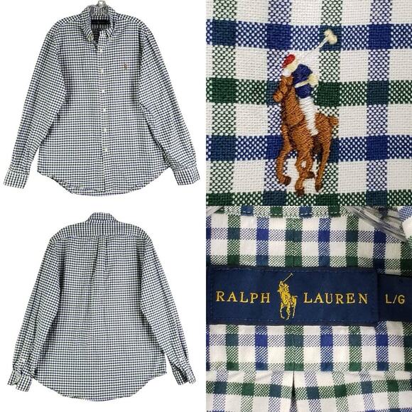 Polo Ralph Lauren Oxford Shirt Size Large L Green Blue Plaid LS Button Down - Picture 1 of 9